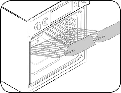 Illustration demonstrating rack removal from a Samsung oven Illustration demonstrating rack removal from a Samsung oven