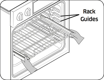Illustration depicting the gliding rack and its guides on a Samsung oven Illustration depicting the gliding rack and its guides on a Samsung oven