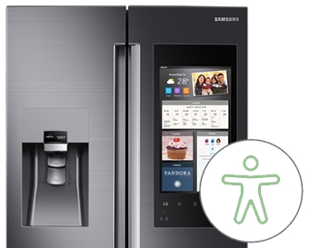 A Samsung Family Hub refrigerator with the Accessibility icon highlighted A Samsung Family Hub refrigerator with the Accessibility icon highlighted