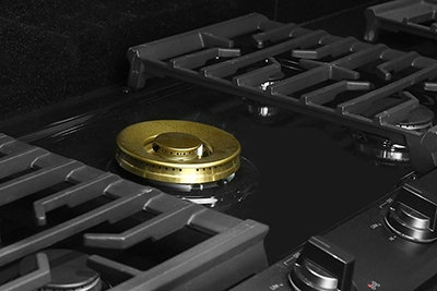 Closeup image of the dual burner head with the grate above it removed