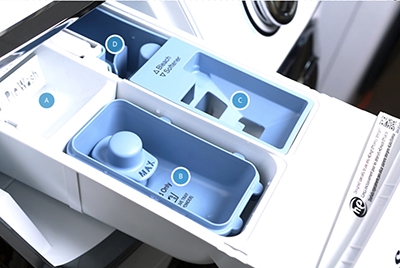 Demonstration of the compartments in a front load washer detergent drawer