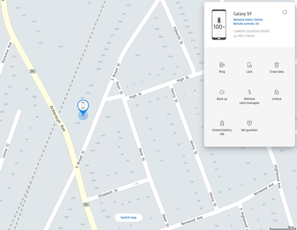 Find My Mobile interface and device location map