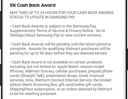 Cash Back Awards information in Samsung Pay