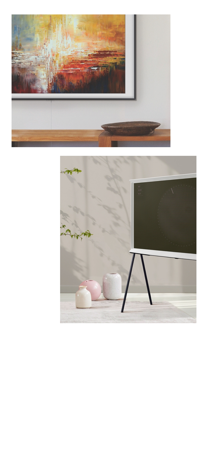 Samsung The Frame TV customized bezel is displaying artwork with art-store, and is installed using no-gap wall mount. 2019 new Serif TV with ambient mode that is one of new features is in a living space with modern style furniture.