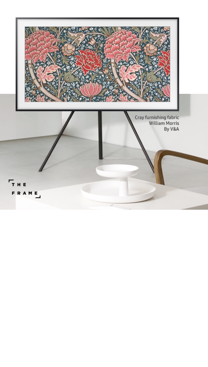 Samsung The frame tv is displaying art work of Cray furnishing fabric by William Morris, V&A. Frame tv makes every space more aesthetically, and can play a variety roles wherever it is placed.