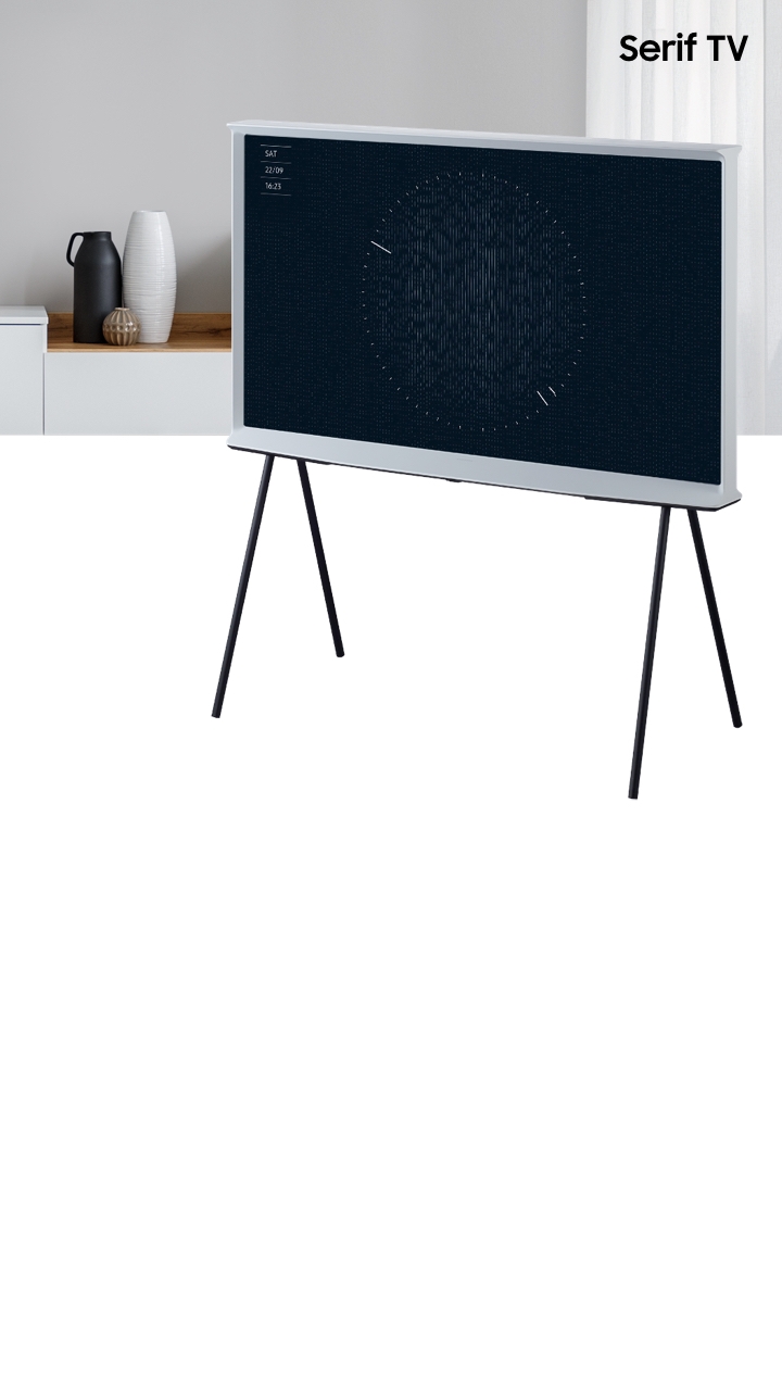 2019 Serif TV is displaying ambient mode timer with QLED display. Samsung new Serif TV with iconic design by Bourollec blends into modern home interior, and becomes an important part by extending beyond the TV itself.