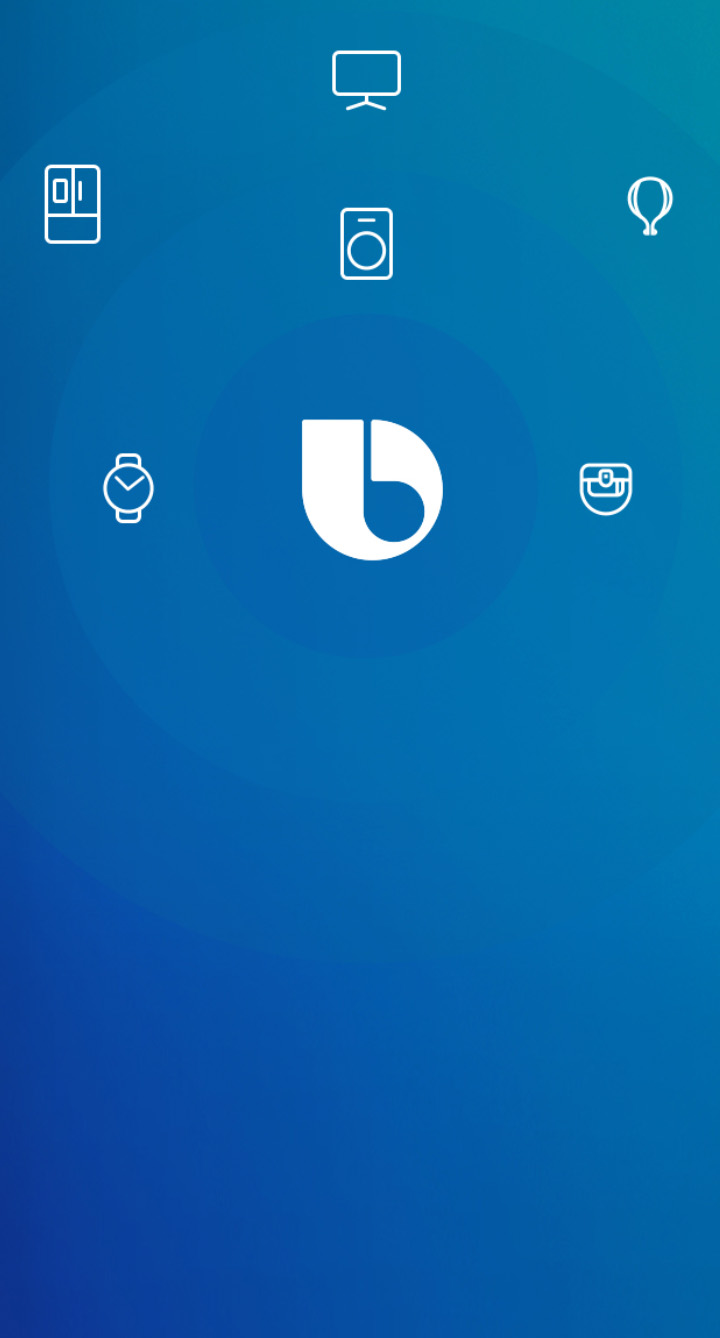 Icon images of a washing machine, refrigerator, smart watch, TV, headset and robot vacuum are lined up against a background with a circular pattern of varying shades of blue with the Bixby logo placed at the center.