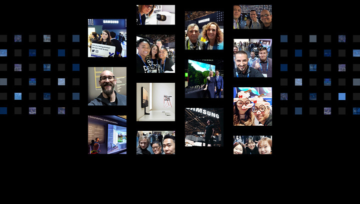 14 social media post photographs are displayed in front of a digital cube background from the 'Samsung City' theme at CES 2019.