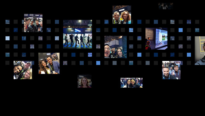 12 social media post photographs are displayed in front of a digital cube background from the 'Samsung City' theme at CES 2019.