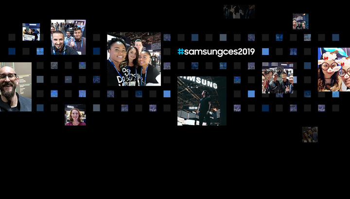 11 social media post photographs are displayed in front of a digital cube background from the 'Samsung City' theme at CES 2019.
