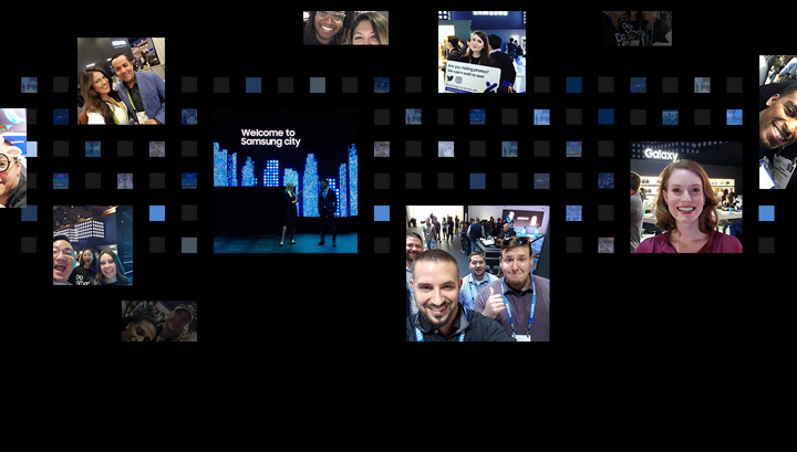 11 social media post photographs are displayed in front of a digital cube background from the 'Samsung City' theme at CES 2019.