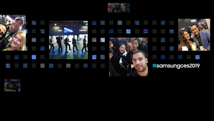 6 social media post photographs are displayed in front of a digital cube background from the'Samsung City' theme at CES 2019.