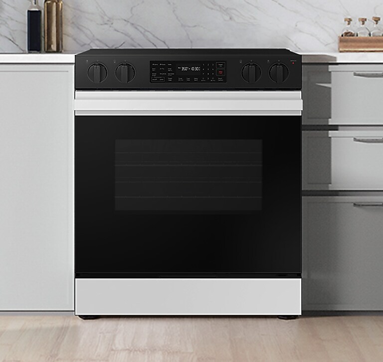 Seamless, stylish design Samsung White Glass Slide-In Electric Range with Bespoke design