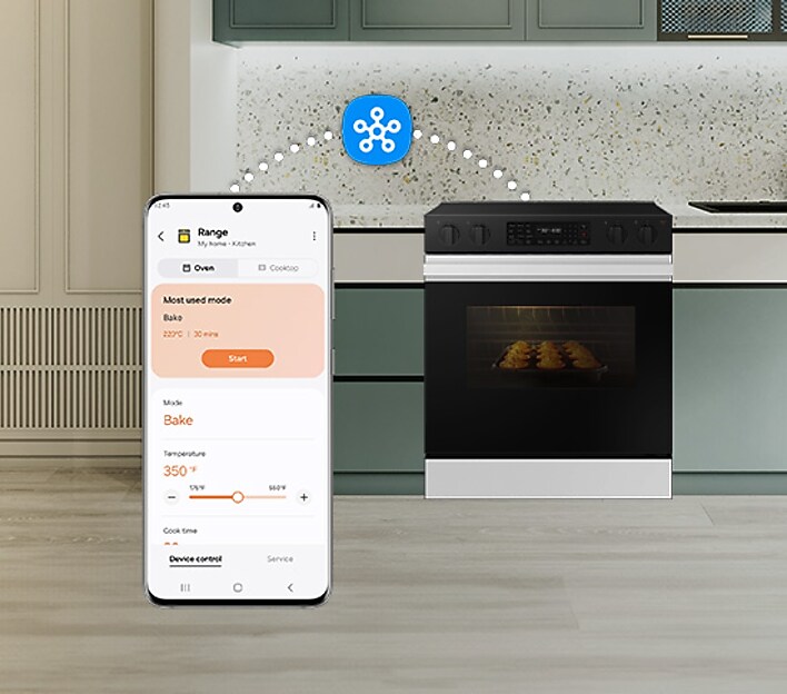 Preheat and plan meals on the go Samsung White Glass Slide-In Electric Range with SmartThings