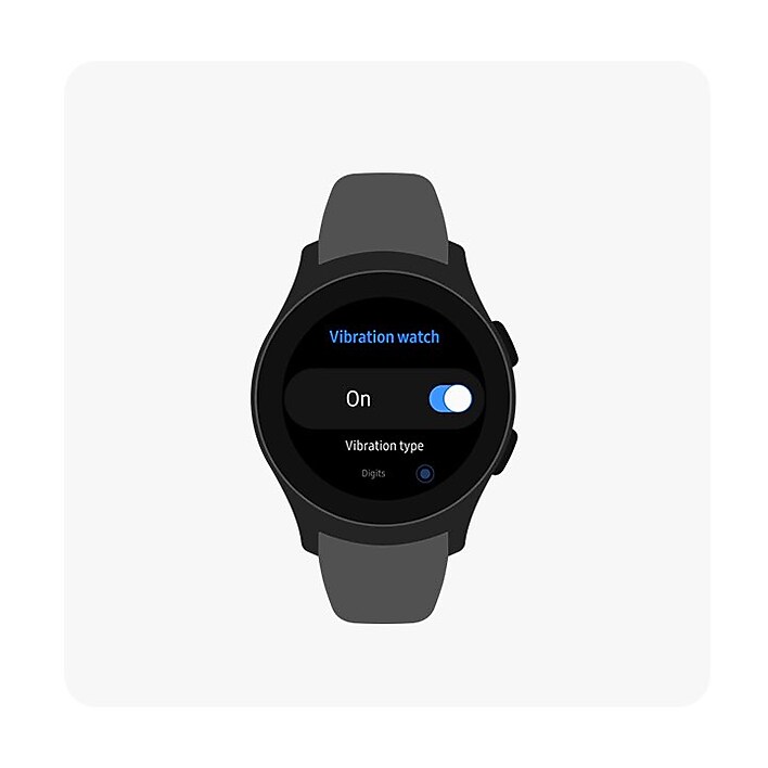 Galaxy Watch front view showing the Vibration watch menu option is being turned On.