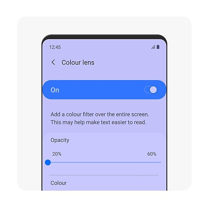 Color Lens A Galaxy phone dialogue box is open with a toggle selected on for ”Color Lens”