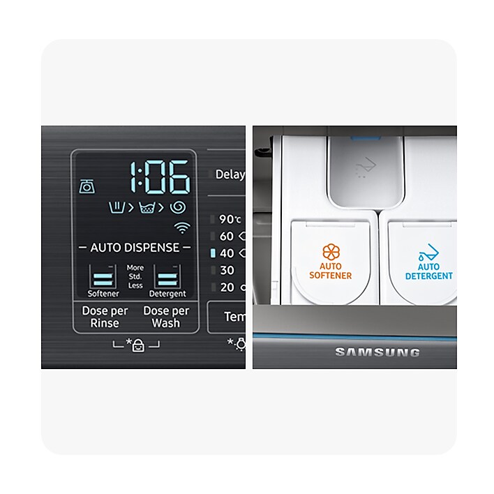 Displays the washing auto dispense with level of softner and detergent. And also conveniently puts the right amount of detergent to suit the laundry. Displays the washing auto dispense with level of softner and detergent. And also conveniently puts the right amount of detergent to suit the laundry.