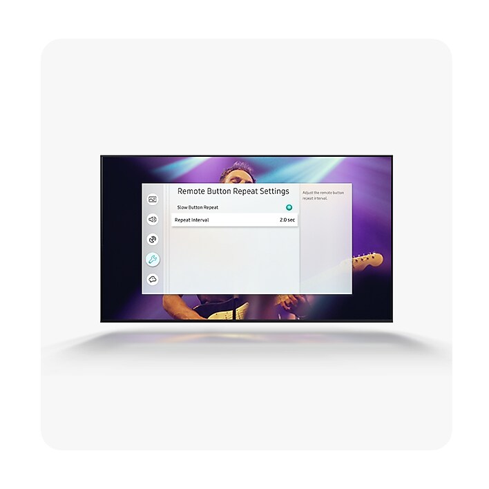 Remote Button Repeat Settings The Remote Button Repeat Settings window is open on a simulated TV display that's playing a TV show. Slow Button Repeat may be toggled on or off through the menu. Repeat intervals can be adjusted in the sub menu.