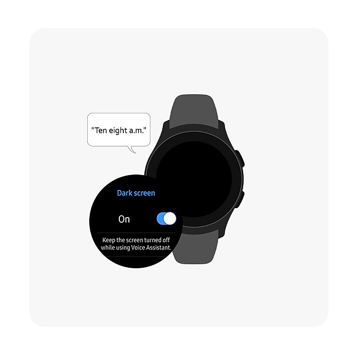 Dark Screen Galaxy Watch front view plus screen image of Dark screen menu option is being turned On. When the watch with dark screen could inform current time, ”Ten eight a.m.”.