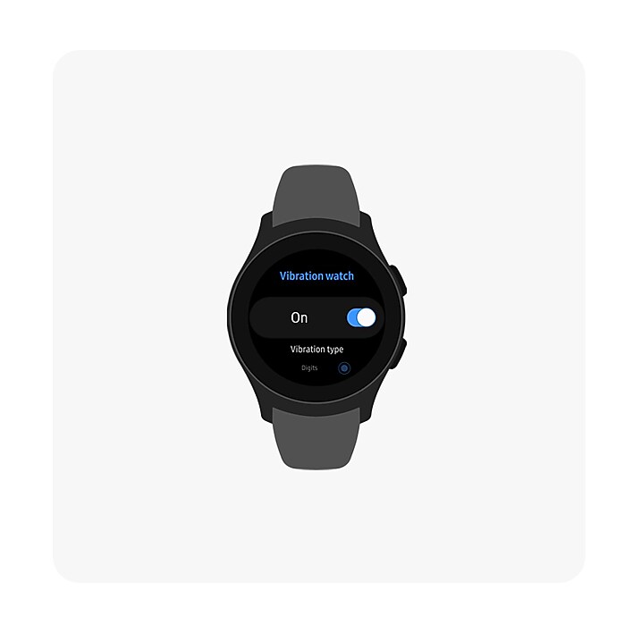 Vibration Watch A front view of the Galaxy Watch showing the Vibration watch menu option turned On.