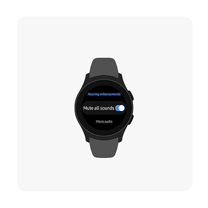 Mute All Sounds A front view of the Galaxy Watch showing the Mute all sounds menu option turned On.