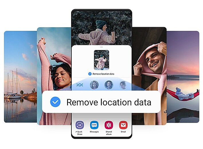 A Galaxy screen with multiple photos arranged next to it shows the process of uploading a photo using Private Share, which gives the option of ”Remove location data.” The option is checked.