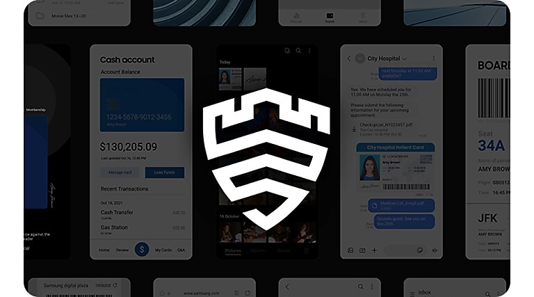 A large Knox logo overshadows various Galaxy screenshots containing sensitive, personal information.