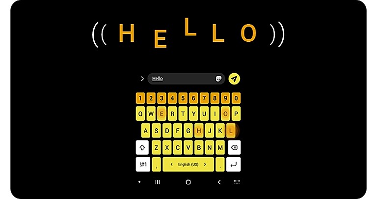 The Galaxy messages app shows a high-contrast yellow keyboard on a black screen. The word ”Hello” appears above the keyboard.