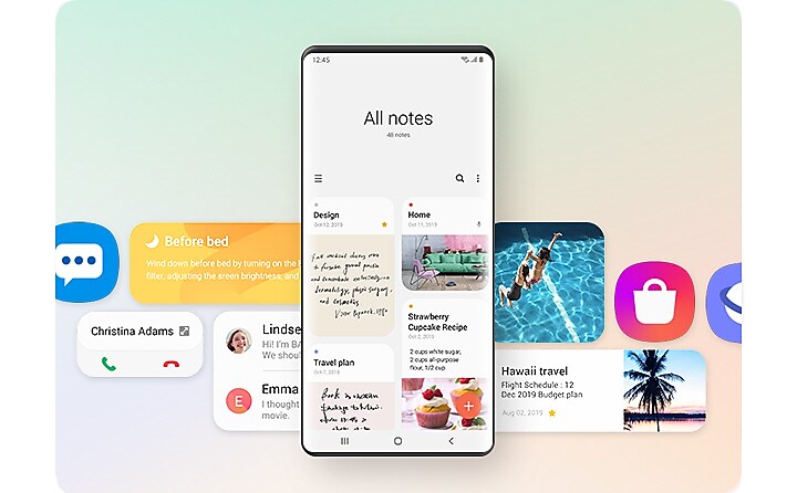 An array of One UI 2 features, including simplified alert pop ups, helpful reminders, and various Samsung app logos, are shown behind a simulated smartphone that displays the Notes application. The Notes application simulation displays example memos in the form of handwritten notes, a pinned photo, and a recipe.