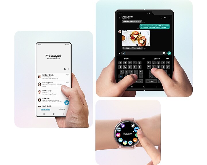 Three simulated images each show the unique interface of a Galaxy smartphone, the Galaxy Fold, and a Galaxy Watch. Messages on the smartphone are within comfortable reach of the user’s thumb when held with one hand. The Galaxy Fold features a split keyboard for easy two-handed typing. And the circular menu of app icons on the Galaxy Watch is easy to navigate.