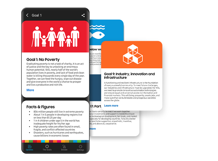 In the Samsung Global Goals app, a sample goal card describes a goal’s background and objective, and the following “Facts & Figures” card provides relevant statistics about the current status of each challenge.