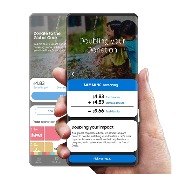 A right hand is holding a smartphone, which shows when you donate a certain amount of money, Samsung will donate the same amount of funds.