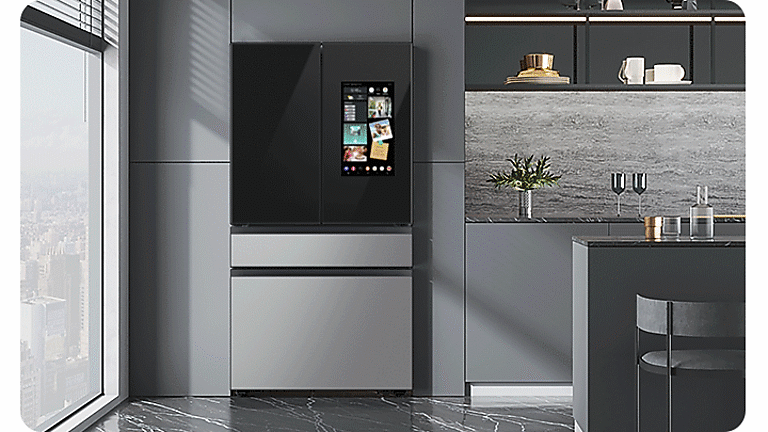 Samsung Bespoke 4-Door French Door Refrigerator with Family Hub™ in a modern gray kitchen Samsung Bespoke 4-Door French Door Refrigerator with Family Hub™ in a modern gray kitchen