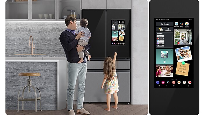 Samsung Bespoke 4-Door French Door Refrigerator with Family Hub™ in a modern gray kitchen Samsung Bespoke 4-Door French Door Refrigerator with Family Hub™ in a modern gray kitchen