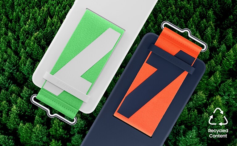 Help protect our phones. Save our galaxy Two Galaxy A53 5G seen from the rear with the Silicone Cover with Strap installed in the background of the forest. Text says Recycled Content.
