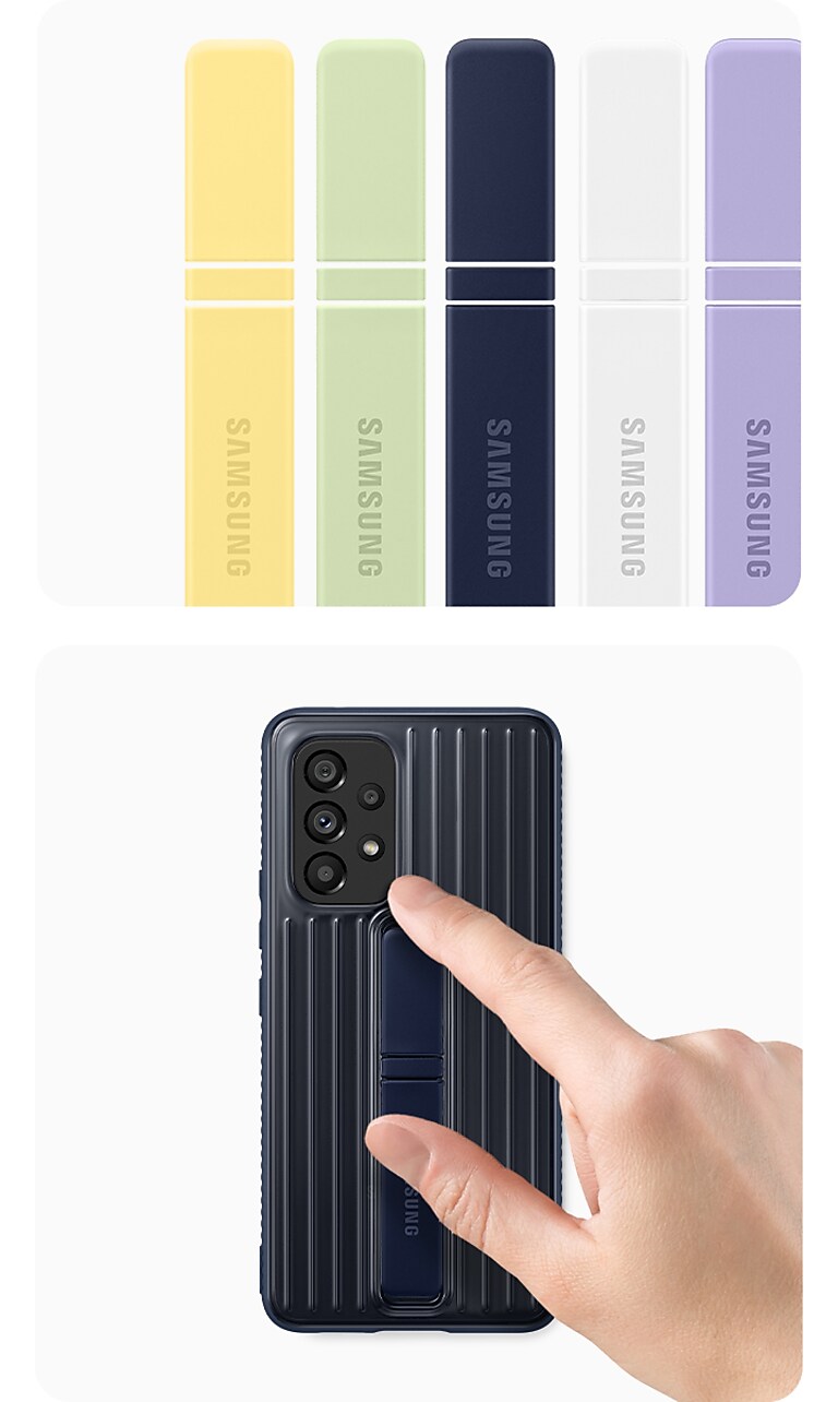 Designed for looks and performance alike various customized colors of kickstands are shown. a hand is inserting a navy kickstand onto the backside of a navy Protective Standing Cover.