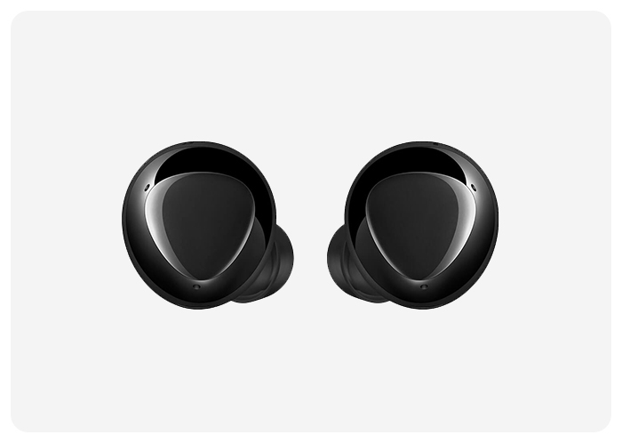 A pair of Black Galaxy Buds+ removed from its case
