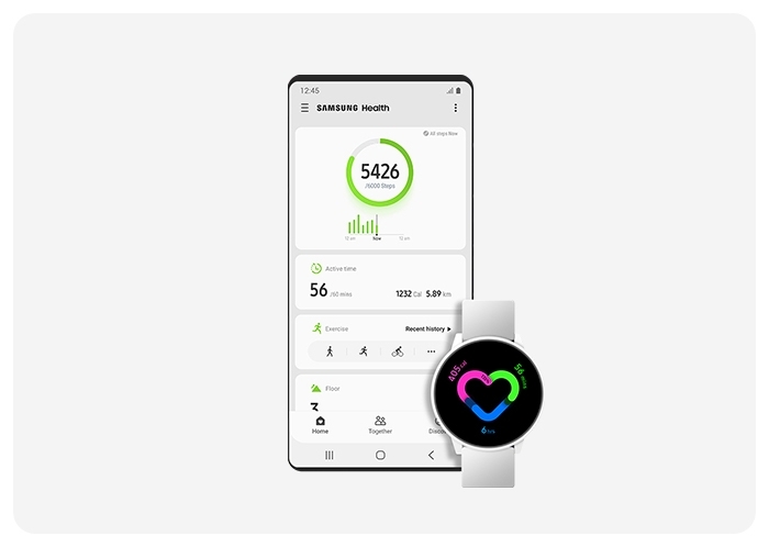 A screenshot of the Samsung Health app home screen with a report of steps and active time tracked within a Galaxy smartphone. There is a white Galaxy Watch Active2 featured slightly in front of the phone to the right