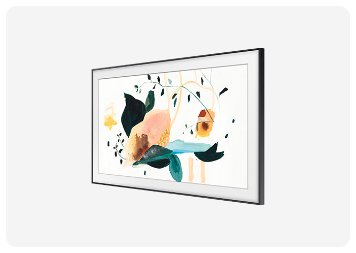 Artwork of a multi-colored flower bouquet in watercolor shown on the screen of The Frame tv. It is angled slightly to the left