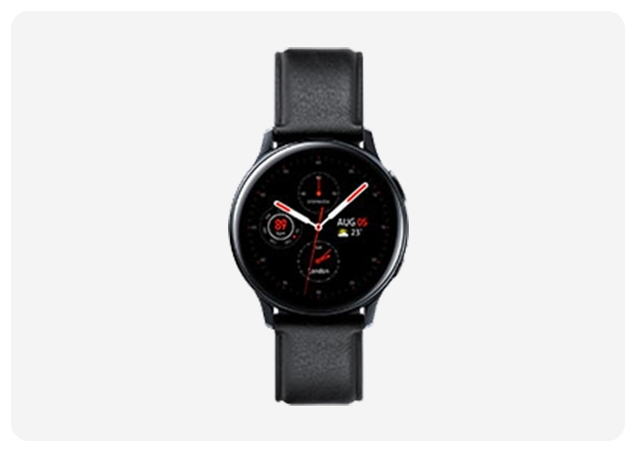 A Galaxy Watch Active2 with a black leather strap and a black watch face. Its clock hands read a time of 10:10 