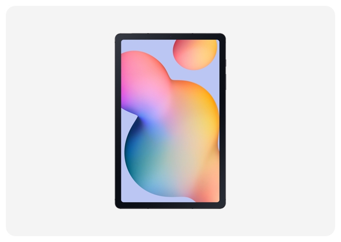 An upright shot of the Galaxy Tab S6 Lite with colorful bubbles on-screen