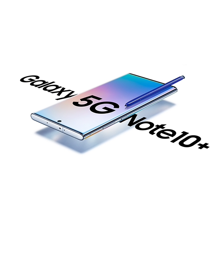 Galaxy Note10 plus 5G laying on its back at a three-quarter angle with a blue S Pen laying across its screen and a gradient graphic and text that says 5G onscreen. On either side of the phone is text saying Galaxy Note10 plus.