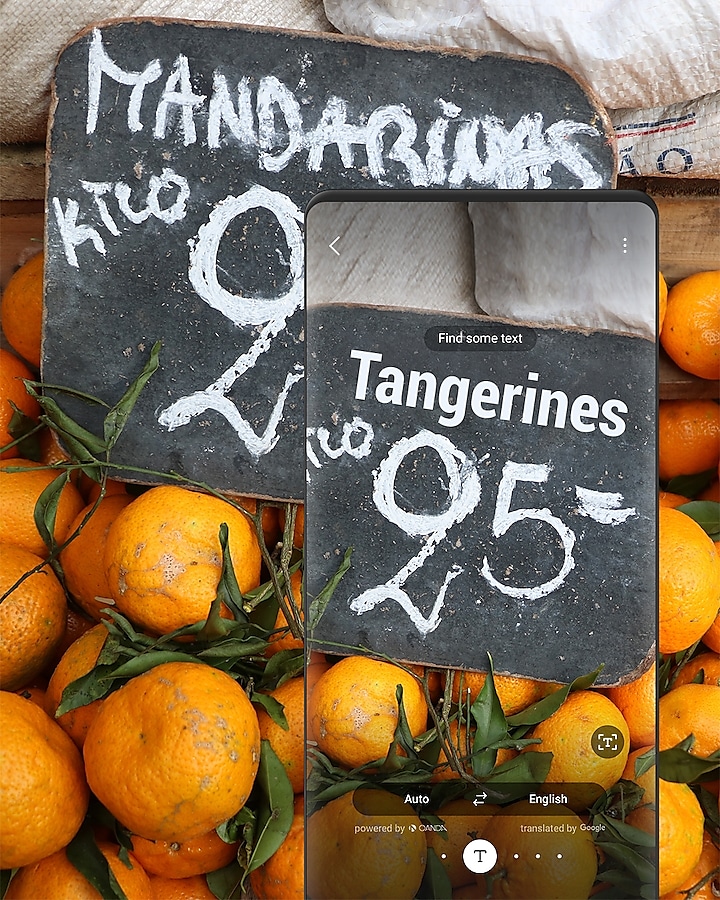 The translation for spanish to english in price board on tangerines with Bixby Vision. The translation for spanish to english in price board on tangerines with Bixby Vision.