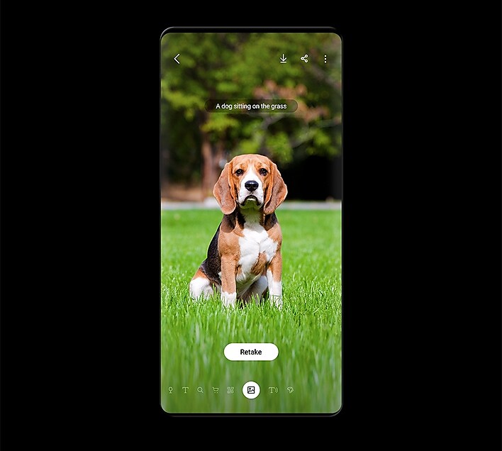 Bixby Vision is vocally describing an image of a dog sitting on grass. Bixby Vision is vocally describing an image of a dog sitting on grass.