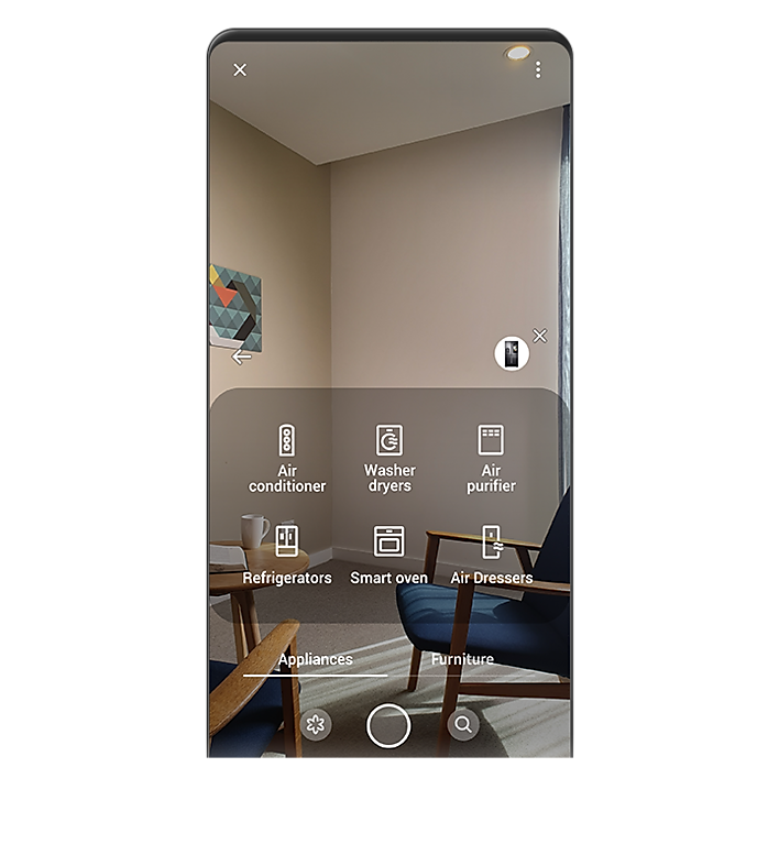 Showing a pop-up with product icons of air conditioner, washer dryers, air purifier, refrigerator, smart oven and styler on the living room image with Bixby Vision AR function. Showing a pop-up with product icons of air conditioner, washer dryers, air purifier, refrigerator, smart oven and styler on the living room image with Bixby Vision AR function.