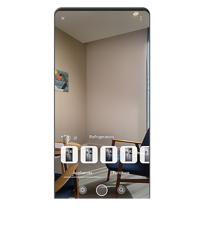 Showing a various refrigerator thumbnail on the living room image with Bixby Vision AR function. Showing a various refrigerator thumbnail on the living room image with Bixby Vision AR function.