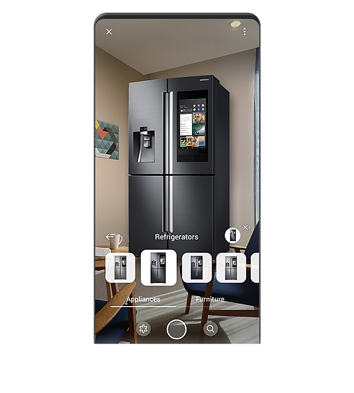 Showing a various refrigerator thumbnail are displayed and selected refrigerator virtual home decorated in living room image with Bixby Vision AR function. Showing a various refrigerator thumbnail are displayed and selected refrigerator virtual home decorated in living room image with Bixby Vision AR function.