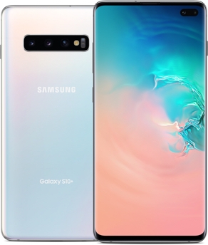 Back of a prism white Galaxy S10 phone, with the front of a black Galaxy S10 phone slightly overlaying on top