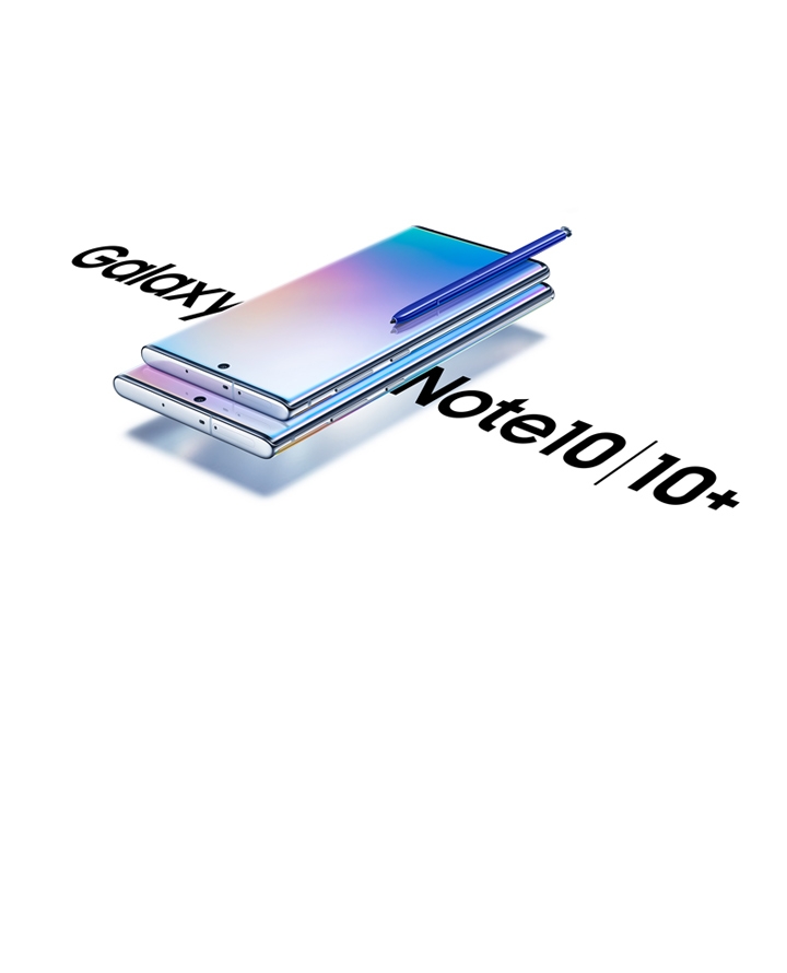 A Galaxy Note10 laying face up on top of a Galaxy Note10+ phone with a blue S Pen laying vertically on top of the Note10's display. The phones lay across the words "Galaxy Note10 | 10+".