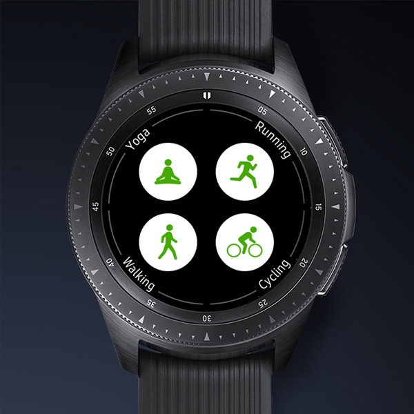 Four circular fitness icons on Galaxy Watch.
